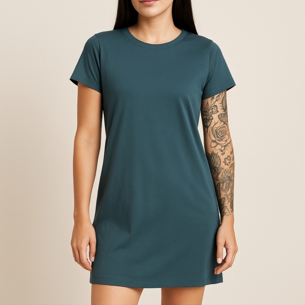Athleta Essential Tee Dress M Blue Green Supima Cotton Casual Comfort NEW